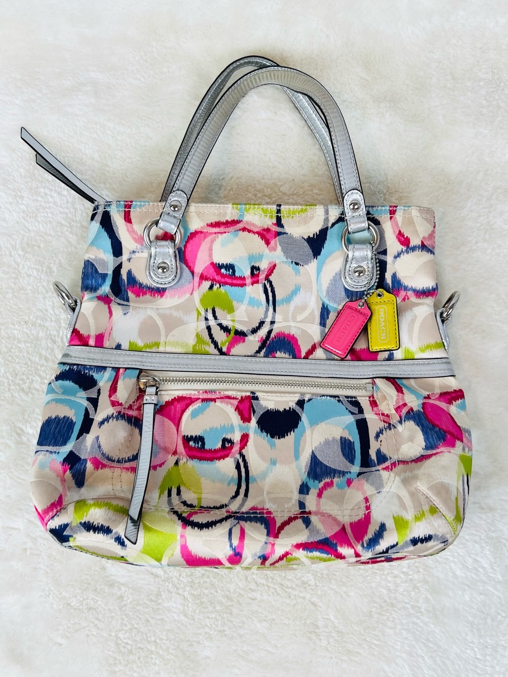 Coach Poppy Multicolor Circle-Print Shoulder Bag with Silver Handles
